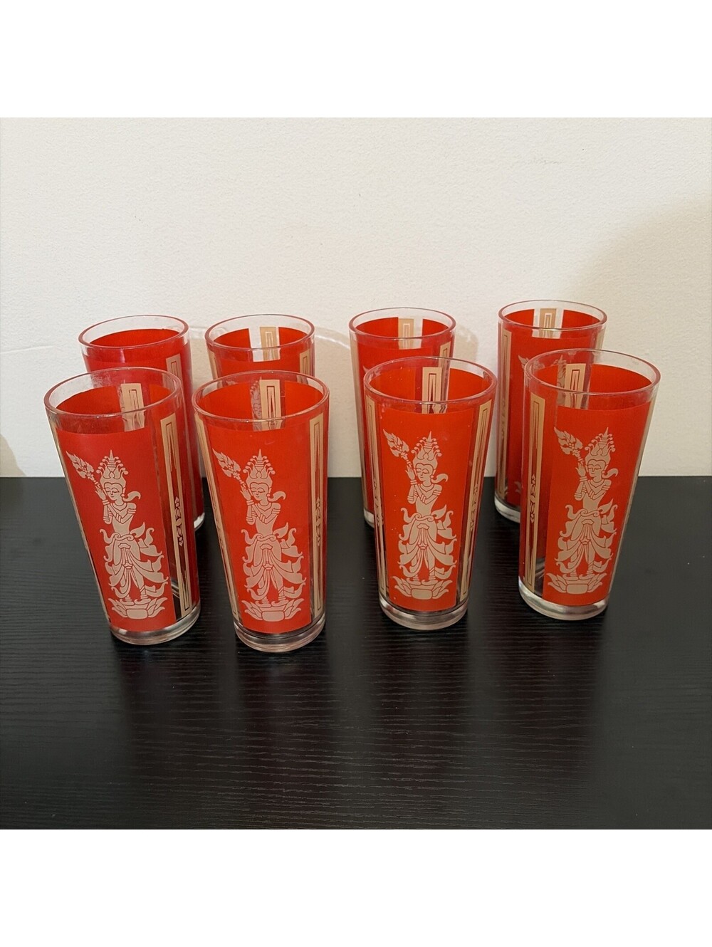 1960’s Culver Red And Gold Siam Thai Goddess Drinking Glasses Set Of 8